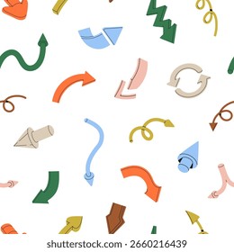 Padrão repetitivo de setas coloridas em estilos diferentes. Fundo interminável de ponteiros, sinais, linhas e formas geométricas para direção, rota ou caminho do ponteiro. Ilustração de vetor uniforme plana