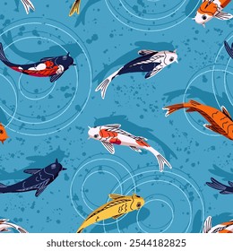 Repeatable pattern of colourful Koi swim in blue water top view. Endless background with oriental Japanese carps, traditional Asian spotted fishes in garden pond. Flat seamless vector illustration