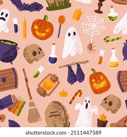 Repeatable pattern of creepy ghosts, pumpkins, spooky skulls, witch hat, cauldron. Halloween endless background, Helloween backdrop with scary symbols of holiday. Flat seamless vector illustration