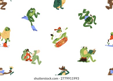 Repeatable pattern of cute baby frogs. Endless background of funny green toads, amusing froglets and happy froggy characters with flowers, skateboard and cocktail. Flat seamless vector illustration