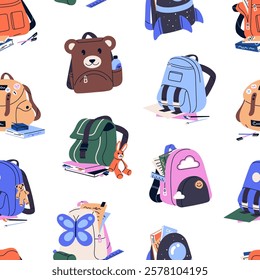 Repeatable pattern of cute kids backpacks. Endless background with different schoolbags, rucksacks, knapsacks. Children school bags with books, stationeries. Flat seamless vector illustration