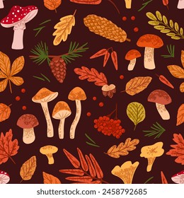 Repeatable pattern of different autumn leaves, mushrooms. Dry fall foliage of aspen, maple, rowan berries, boletus on endless background. September forest nature. Flat seamless vector illustration