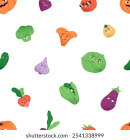 Patrón repetible de diferentes verduras cómicas. Fondo interminable con personajes de verduras divertidas: tomate feliz, repollo, calabaza loca. Linda comida de granja con caras. Ilustración vectorial plana sin costuras