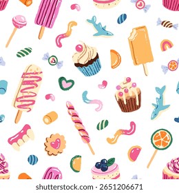 Repeatable pattern of different desserts: candies, lollipops, sweets, jellies. Endless background of confectionery: ice cream, cupcakes, lollypops. Flat seamless hand drawn vector illustration