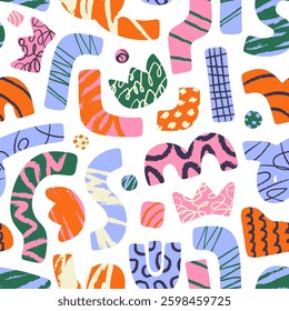 Repeatable pattern of different doodles. Endless background of abstract geometric shapes, curved lines, crooked figures, elements are ornamented with scribbles. Flat seamless vector illustration