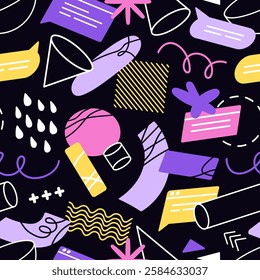 Repeatable pattern of different doodles, speech bubbles, outline geometric shapes. Geometry print with maths figures, abstract elements, forms on endless background. Flat seamless vector illustration