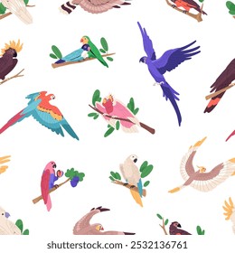 Repeatable pattern of different exotic parrot. Endless background with various tropical birds of jungle. Cute cockatoos, flying macaws, colourful budgerigars. Flat seamless vector illustration