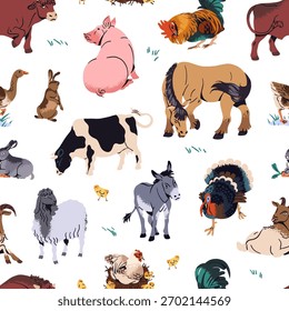 Padrão repetido de diferentes animais de criação. Intermináveis antecedentes do gado rural: vaca, galinhas, cavalo, ovelha, peru e cabra. Personagens do rancho. Ilustração de vetor uniforme plana