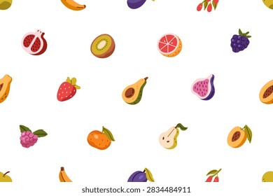 Repeatable pattern of different fresh fruit and berries. Endless background of strawberry, halves of kiwi, orange, peach, avocado with stone. Tropical, exotic food. Flat seamless vector illustration