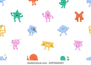 Repeatable pattern of different funny figures: circle, square. Endless background of cute geometric shapes with various emotions on faces and facial expressions. Flat seamless vector illustration