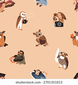 Padrão repetitivo de diferentes corujas engraçadas com café, lupa e tampa de pós-graduação. Fundo infinito de corujas bonitas, pássaros sábios procurando, aprendendo e dormindo. Ilustração de vetor uniforme plana