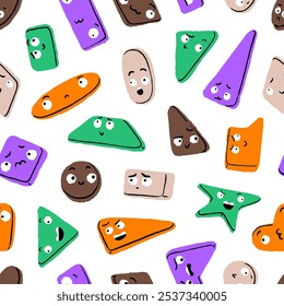 Repeatable pattern of different geometric shapes with happy, sad, angry, curious emotions. Cute figures, characters of geometry with faces on endless background. Flat seamless vector illustration