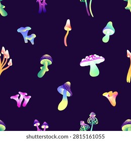Repeatable pattern of different hallucinogenic magic mushrooms. Endless background of psilocybin boletus, psychedelic fungus, toxic bolete and poison fungi. Flat seamless vector illustration