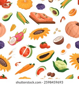 Repeatable pattern of different healthy eating, grocery products. Endless background of various organic foods, raw meat, fish, salmon, farm vegetables, fresh fruit. Flat seamless vector illustration
