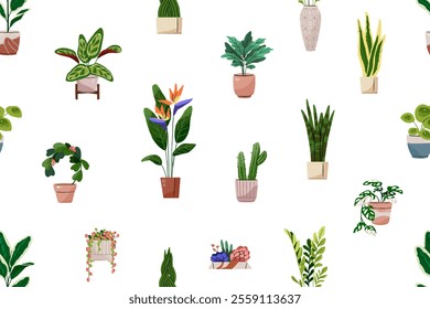 Repeatable pattern of different houseplants. Endless background with green plants, home flowers with leaves in pots. Bird of paradise, cactus, monstera, pilea, fig. Flat seamless vector illustration