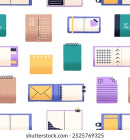 Repeatable pattern of different open notebooks. Endless background with notepads with empty pages. Backdrop with paper planners, to do lists, calendars for notes. Flat seamless vector illustration