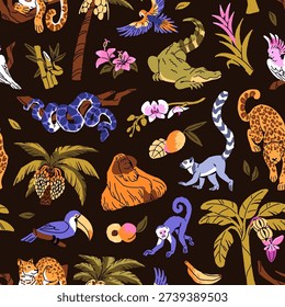 Repeatable pattern of different palm trees, exotic animals, fruit and flowers of the jungle. Endless background of tropical nature, flora and fauna of rainforest. Flat seamless vector illustration