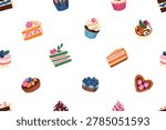 Repeatable pattern of different pieces of cakes with chocolate cream and fruit. Endless background of cupcakes, sweet muffins, confectionery and desserts. Flat seamless hand drawn vector illustration
