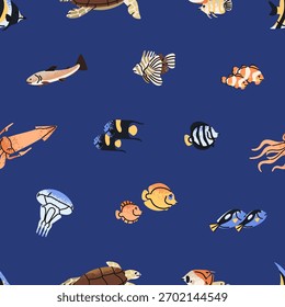 Padrão repetível de diferentes peixes marinhos nadando debaixo d'água. Fundo interminável de animais submarinos: peixe-anjo, tartaruga, peixe-leão, lula, águas-vivas. Vida no oceano. Ilustração de vetor uniforme plana