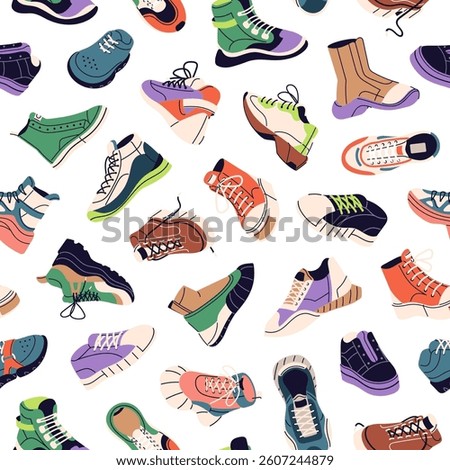 Repeatable pattern of different sneakers, sports shoes. Endless background of various trainers, stylish gumshoes, modern boots for gym, fashion footwear for running. Flat seamless vector illustration
