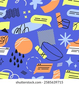 Repeatable pattern of different speech bubbles, outline geometric shapes, maths figures. Endless background with abstract elements, forms. Geometry print for fabric. Flat seamless vector illustration