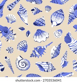 Padrão repetível de conchas diferentes texturizadas e ornamentadas. Fundo infinito com conchas marinhas: conchas, vieiras, conchas tropicais e moluscos exóticos. Ilustração de vetor uniforme plana