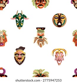 Repeatable pattern of different tribal masks of ancient Africa. Endless background of various traditional masques, idols faces, African ceremonial totems. Flat seamless vector illustration