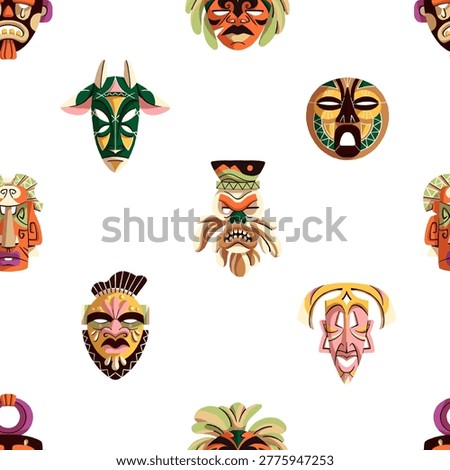 Repeatable pattern of different tribal masks of ancient Africa. Endless background of various traditional masques, idols faces, African ceremonial totems. Flat seamless vector illustration