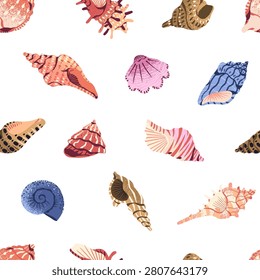 Repeatable pattern of different tropical seashells. Endless background of various sea shells- conches, scallops, and cockleshells. Exotic decoration from the ocean. Flat seamless vector illustration
