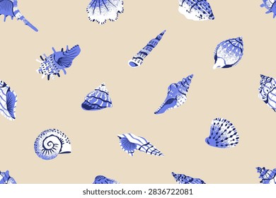 Repeatable pattern of different tropical seashells. Endless background of ornamented cockleshells, scallops conches, blue sea shells with various shapes and forms. Flat seamless vector illustration