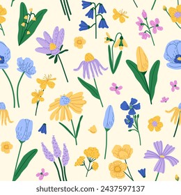Repeatable pattern of different wildflowers. Meadow flowers: lilies of the valley, bluebell, tulips. Field nature, blossom plants, flora on background. Floral decor. Flat seamless vector illustration.