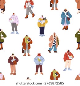 Repeatable pattern of diverse people wearing winter clothes in cold weather. Endless background of frozen men and women in outerwear, scarves, hats from frost. Flat seamless vector illustration