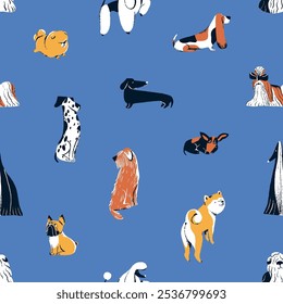 Repeatable pattern of drawing dogs. Endless background with different canine breeds: akita, bulldog, dachshund, poodle, spitz. Funny doggies, cute puppies, pets. Flat seamless vector illustration