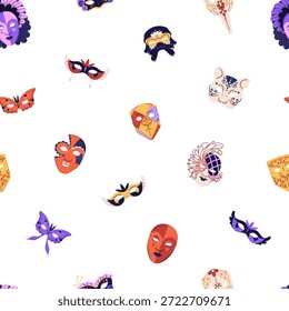 Repeatable pattern of fashion masks for masquerade. Endless background of festive face disguises, decorative masques for party, performance. Mardi Gras carnival. Flat seamless vector illustration