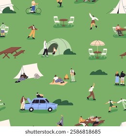 Repeatable pattern of festive camp in park. Endless background with people relaxing in nature with tents, picnic tables in summer. Campsite of fest, holiday event. Flat seamless vector illustration