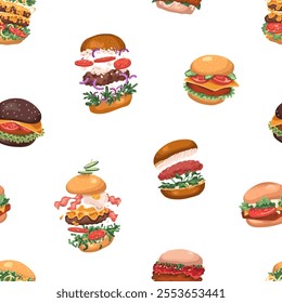 Repeatable pattern of flying burgers. Different cheeseburgers, hamburger with levitation of content: cutlet, buns. Endless background with fast food, fastfood. Flat seamless vector illustration