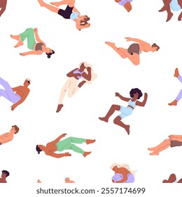 Repeatable pattern of flying, floating people in the air. Endless background with soaring, free falling characters in different poses. Men, women fly in zero gravity. Flat seamless vector illustration