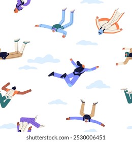 Repeatable pattern of free falling, flight in the sky. Endless background with parachuting, skydiving. Parachutists in wingsuit jumping, flying in air among clouds. Flat seamless vector illustration