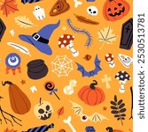 Repeatable pattern of Halloween decoration. Endless background with spooky skulls, creepy pumpkins, witch hats, bats for Helloween party. Scary October holiday. Flat seamless vector illustration