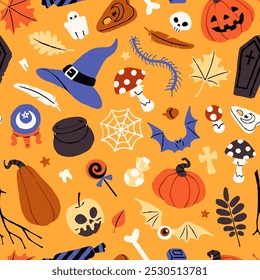 Repeatable pattern of Halloween decoration. Endless background with spooky skulls, creepy pumpkins, witch hats, bats for Helloween party. Scary October holiday. Flat seamless vector illustration