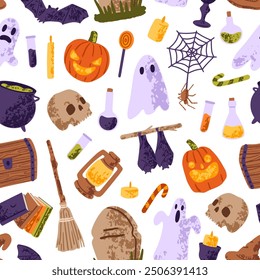 Repeatable pattern of Halloween symbols on white background. Helloween endless backdrop with spooky ghosts, creepy pumpkins, scary skulls, spider net. Flat seamless hand drawn vector illustration