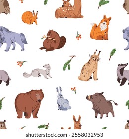 Repeatable pattern of happy woodland animals. Different cute forest beast on endless background. Funny wildlife, friendly fauna: bear, deer, owl, fox, wolf, hare. Flat seamless vector illustration