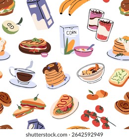 Padrão repetível de alimentos saudáveis para a refeição do café da manhã. Fundo infinito de comer manhã- xícara de café, cereais com leite, panquecas, ovos, sanduíches, frutas. Ilustração de vetor uniforme plana