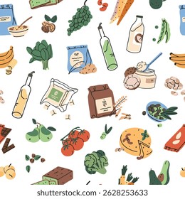 Repeatable pattern of healthy vegetarian food. Endless background of organic grocery products, eating for vegans. Vegetables, fruit, soy, tofu, olive oil and milk. Flat seamless vector illustration