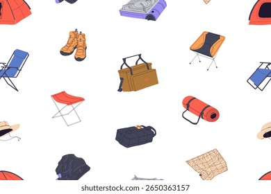 Padrão repetível de itens de caminhada - kit de primeiros socorros, tendas, cadeiras dobráveis, mapa, roupas térmicas. Interminável fundo de ferramentas de trekking para viajar na natureza, acampar. Ilustração de vetor uniforme plana