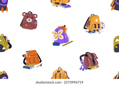 Repeatable pattern of kids backpacks with stationeries. Endless background with different school bags, cute schoolbags, children's rucksacks, schoolkids' knapsacks. Flat seamless vector illustration