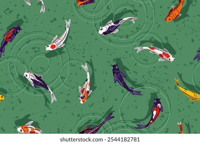 Patrón repetible de Koi en estanque de jardín. Carpas japonesas orientales nadan en la vista superior del agua verde. Fondo sin fin con peces asiáticos decorativos flotando en el lago. Ilustración vectorial plana sin costuras