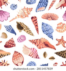 Repeatable pattern of many different seashells- scallops, conches, cockleshells. Endless background of various tropical sea shells, exotic mollusks of the ocean. Flat seamless vector illustration