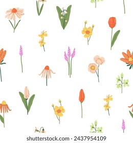 Repeatable pattern of meadow flowers. Wildflowers endless print. Different field plants: snowdrop, tulips, buttercup. Wild flora on white background. Floral decor. Flat seamless vector illustration