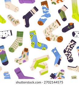 Padrão repetido de uma e par de meias com impressões diferentes. Fundo infinito de várias meias, algodão e malha de lã. Elegante roupa de pé de inverno. Ilustração de vetor uniforme plana
